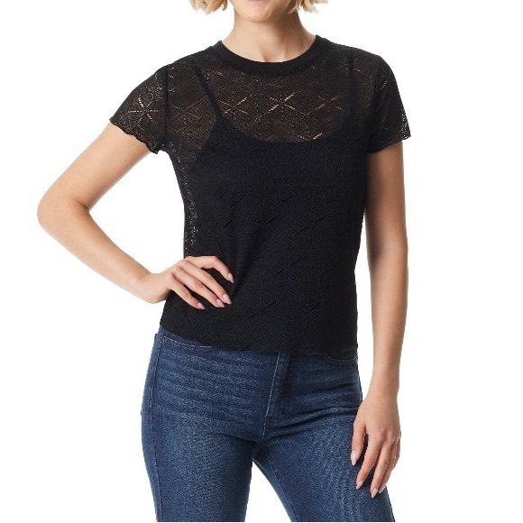 Jessica Simpson Women's Indria Crochet Tee-Black - Picture 1 of 6